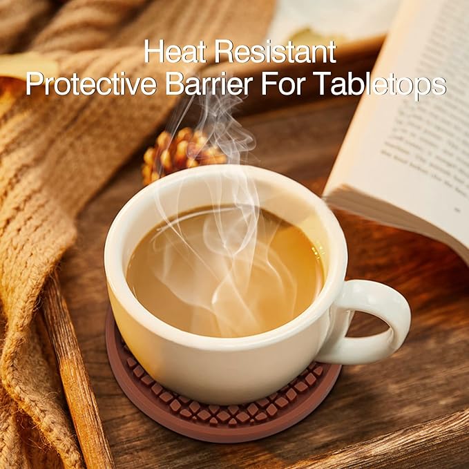 Silicone Coasters for Drinks, Non‑Slip Spill‑Proof Heat Resistant Coasters Set of 4, Reusable Washable Table Protection for Home Decor Kitchen Office, Bar(4Pack,Brown)