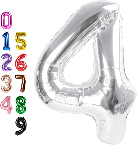 Silver 4 Balloon Number for 4th Birthday Decorations, 40 Inch Big Number Balloons for 4 14 40 Anniversaries Celebration Graduation Wedding