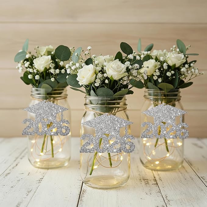 2026 Graduation Party Decorations - 36Pcs Graduation Cutouts Tags Silver Glitter 2026 Numbers for Graduation Table Centerpieces Class of 2026 Cutouts for Graduation Party Supplies Favors