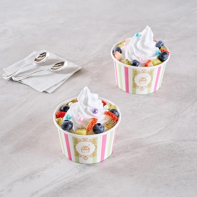Coppetta 8 Ounce Dessert Cups, 200 Greaseproof Ice Cream Cups - Lids Sold Separately, For Hot And Cold Foods, Green And Pink Stripe Paper Yogurt Bowls, Disposable, Sturdy - Restaurantware