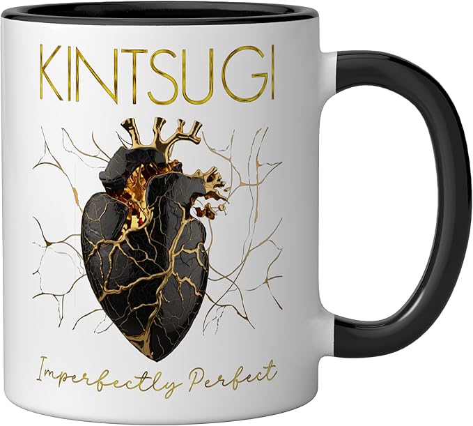 Kintsugi Pottery Golden Heart Japanese Art repair Pottery Ceramic Mug, Black/White