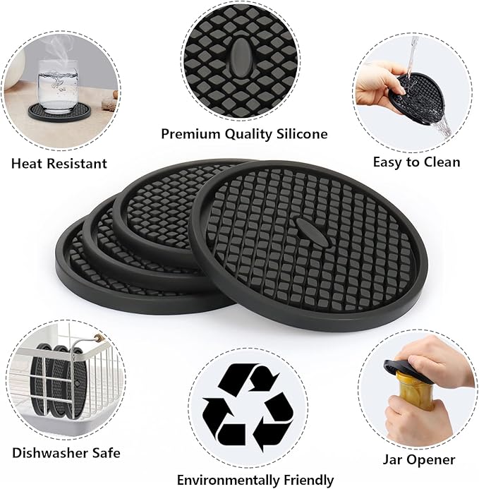 Silicone Coasters for Drinks, Non‑Slip Spill‑Proof Heat Resistant Coasters Set of 4, Reusable Washable Table Protection for Home Decor Kitchen Office, Bar(4Pack,Black)