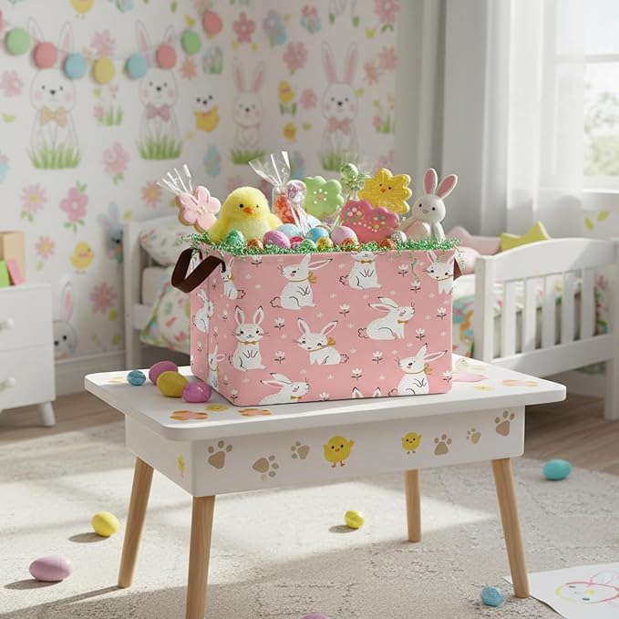 Large Rectangular Cute Kid Easter Basket Empty Bunny Eggs Easter Basket Gift Spring Room Storage Organizer Décor (E-04)