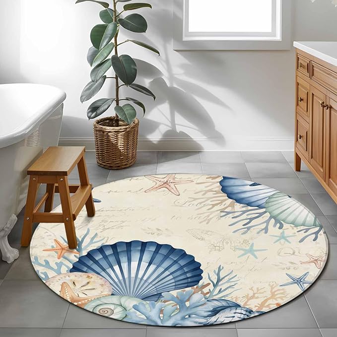 Washable Round Area Rug Summer Blue Shells Starfish Circle Rugs Floor Carpet for Living Room Bedroom, Vintage Coral Shells Fish Soft Non Slip Round Rug 3ft