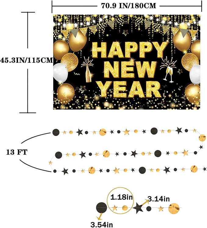 KALOR New Years Eve Party Supplies 2026 Set, 70 Pack - Gold and Black New Year Banner, Gold 2026 Number Balloons Backdrop 2026 for New Year Eve Decorations