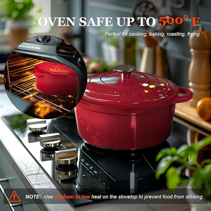 Overmont Enameled Cast Iron Dutch Oven - 7QT Pot with Lid Cookbook & Cotton Potholders - Heavy-Duty Cookware for Braising, Stews, Roasting, Sourdough Baking red