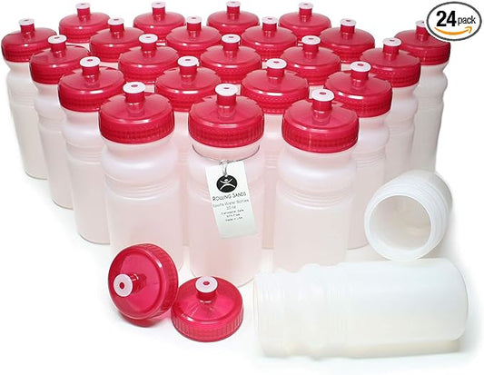 Rolling Sands Reusable Bulk Water Bottles 24 Pack - 20 Oz Sports Water Bottles, USA Made, BPA-Free, Wide Mouth for Easy Cleaning, Dishwasher Safe, Break Resistant - Clear Frost Bottle/Red Lid