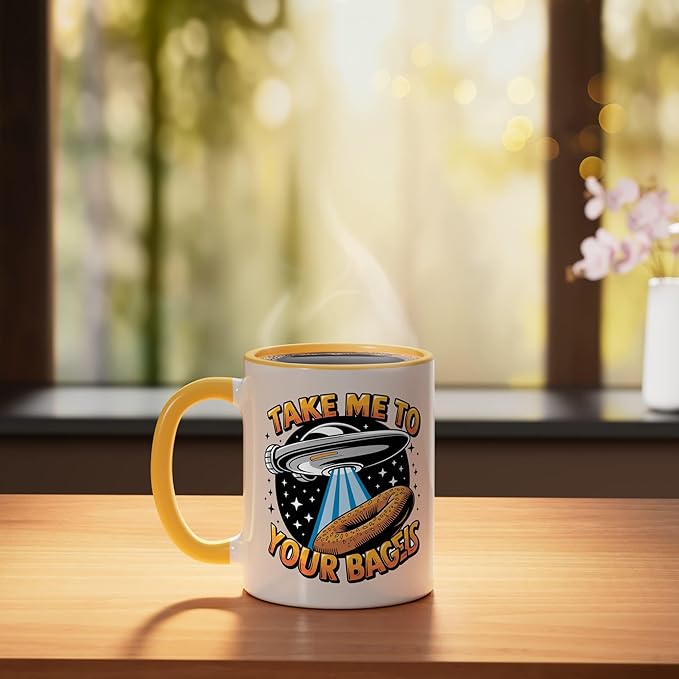 Take Me to Your Bagels UFO Abduction Jewish Funny Bagel Ceramic Mug, Yellow/White