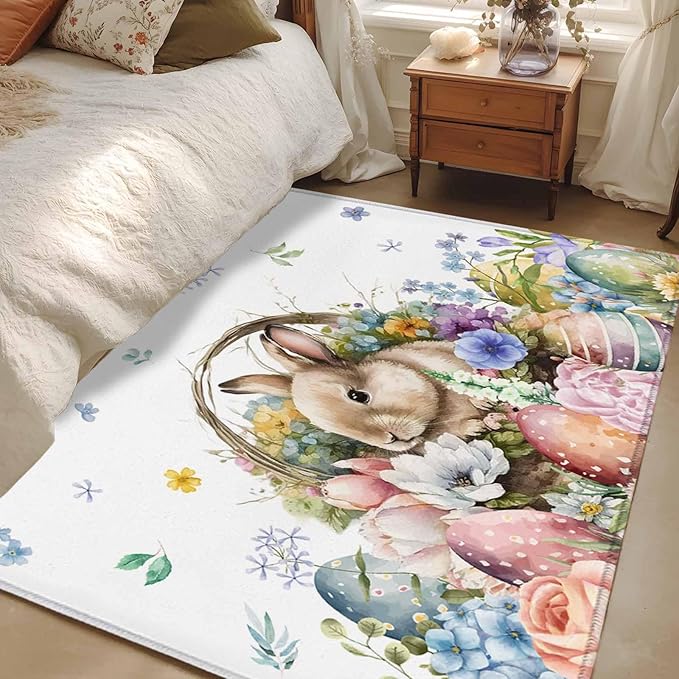 Area Rug 3x5ft, Easter Egg Spring Flower Cute Rabbit Washable Rugs for Living Room Bedroom, Blossom Floral on White Soft Non-Slip Area Rugs Rectangle Floor Carpet for Dining Room