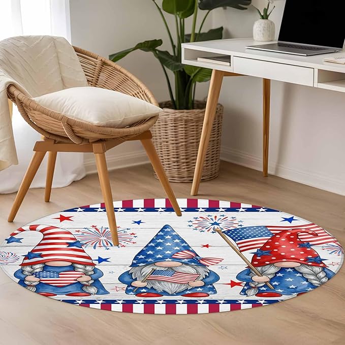 Washable Round Area Rug Independence Day USA Flag Star Dwarf Circle Rugs Floor Carpet for Living Room Bedroom, Stripes on Wood Grain Soft Non Slip Round Rug 4ft