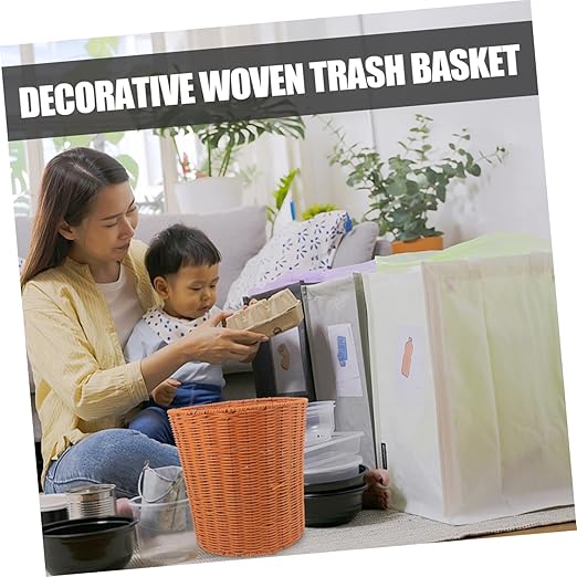 Woven Multi-Function Storage Basket Lightweight Imitation Rattan Trash Bin for Bedroom Kitchen Organizing Versatile Decorative Wastebasket for Various Uses
