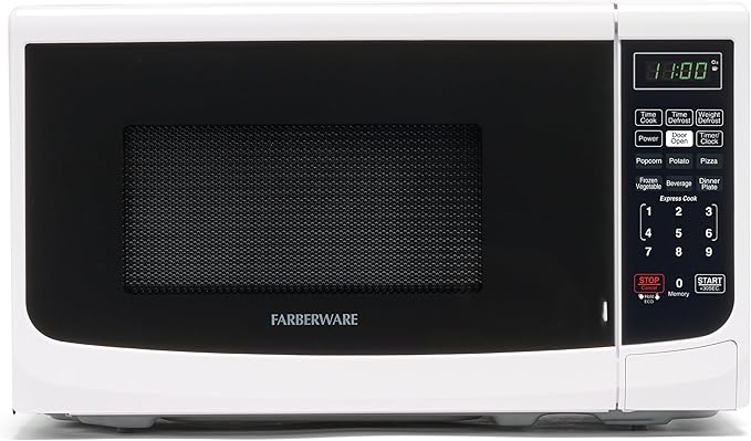 Farberware 0.7 Cu. Ft. Countertop Microwave Oven – 700 Watts Power, Auto Cook Settings, Defrost, Easy Clean and Child Safety Lock - White