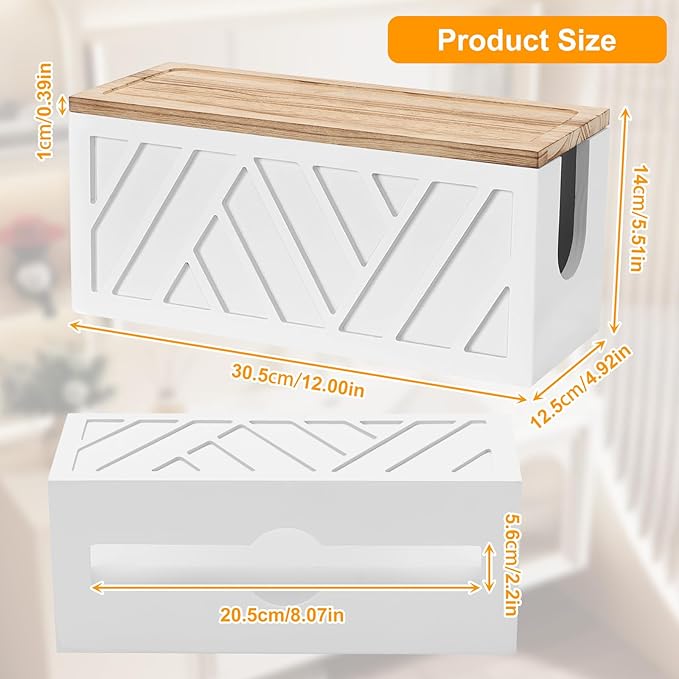 Qivine Paper Towel Dispenser Wall Mount, 2-in-1 Wooden Paper Towel Holder, Toilet Napkin Holder Dispenser with Lid Removable Top Tray for Bathroom Kitchen Decor Home and Commercial (White)