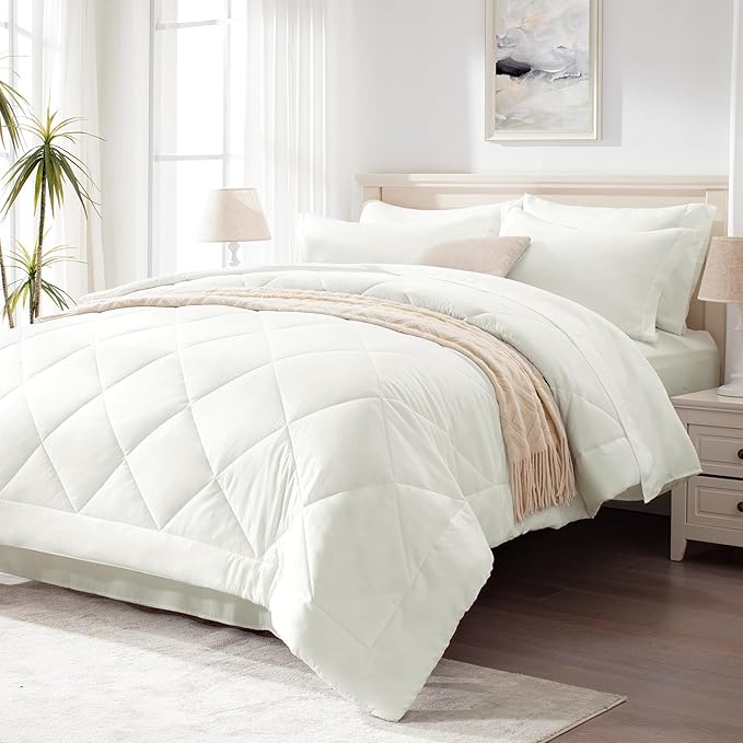 Love's cabin Twin XL Comforter Set Ivory, 5 Pieces Twin XL Bed in a Bag, All Season Bedding Sets with 1 Comforter, 1 Flat Sheet, 1 Fitted Sheet, 1 Pillowcase and 1 Pillow Sham | Soft, Breathable, Lightweight, Comfortable