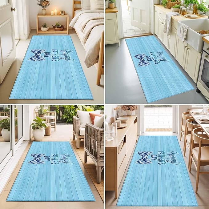 Runner Rug for Bedroom Hallway, Father's Day Vintage Plank Kitchen Runner Rugs Area Rug 2x6ft, Cartoon Blue Stripes Bow Washable Soft Floor Carpet for Entryway Stair