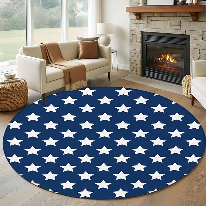 Washable Round Area Rug 4th of July White Star on Navy Blue Circle Rugs Floor Carpet for Living Room Bedroom, Independence Freedom Liberty Soft Non Slip Round Rug 5ft