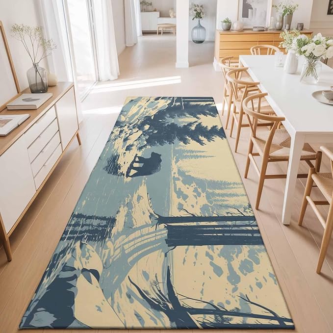 Runner Rug for Bedroom Hallway, Winter Bear Evergreen Trees Kitchen Runner Rugs Area Rug 2x6ft, Rustic Snow River Washable Soft Floor Carpet for Entryway Stair