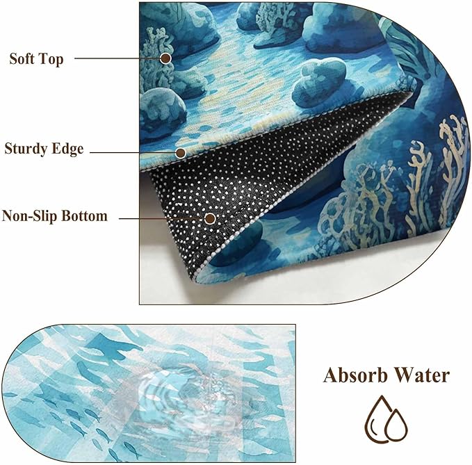 Washable Round Area Rug Underwater World Coral Seaweed Circle Rugs Floor Carpet for Living Room Bedroom, Seafloor Ocean Life Fish Soft Non Slip Round Rug 4ft