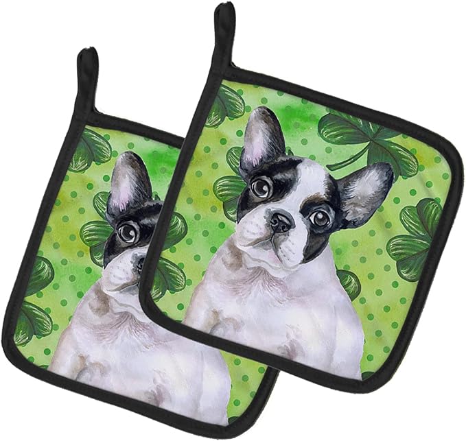 Caroline's Treasures BB9884PTHD French Bulldog Black White St Patrick's Pair of Pot Holders, Green Kitchen Heat Resistant Pot Holders Sets Oven Hot Pads for Cooking Baking BBQ, 7 1/2 x 7 1/2