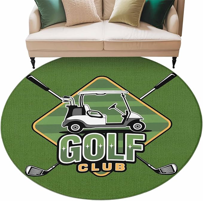 Washable Round Area Rug Golf Club Sports Circle Rugs Floor Carpet for Living Room Bedroom, Green Soft Non Slip Round Rug 5ft