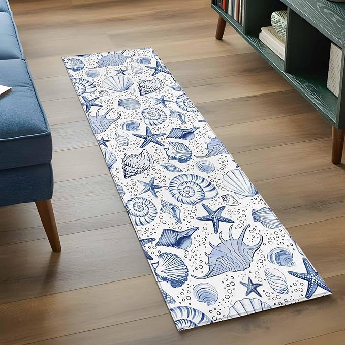Runner Rug for Bedroom Hallway, Navy Blue Starfish Conch Shell Seamless Kitchen Runner Rugs Area Rug 2x6ft, Summer Ocean Bubbles Washable Soft Floor Carpet for Entryway Stair