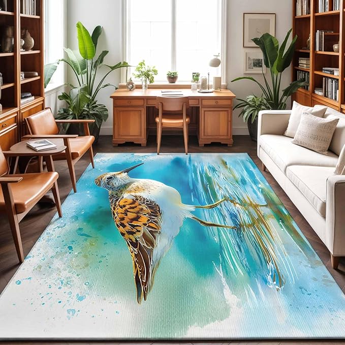 Area Rug 4x6ft, Natural Lake Bird Water Reflection Washable Rugs for Living Room Bedroom, Animal Splatter Art Soft Non-Slip Area Rugs Rectangle Floor Carpet for Dining Room