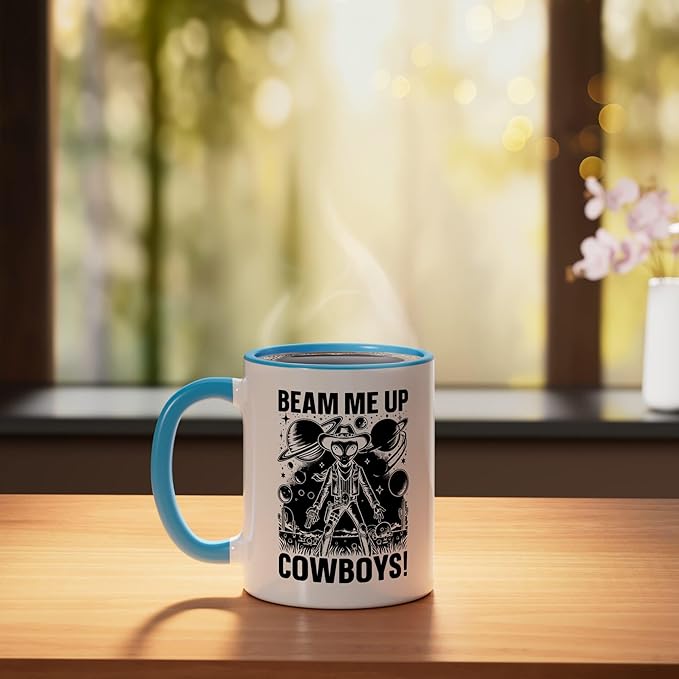 Alien Lover Flying Saucer UFO Extraterrestrial Cowboy Ceramic Mug, Blue/White