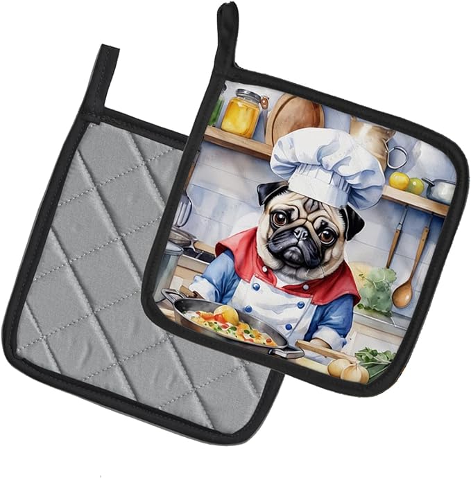 Caroline's Treasures Pug The Chef Pair of Pot Holders Kitchen Heat Resistant Pot Holders Sets Oven Hot Pads for Cooking Baking BBQ, 7 1/2 x 7 1/2
