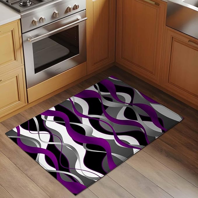 Area Rug 2x3ft, Abstract Purple Gray Black White Stripes Washable Rugs for Living Room Bedroom, Modern Lines Soft Non-Slip Area Rugs Rectangle Floor Carpet for Dining Room
