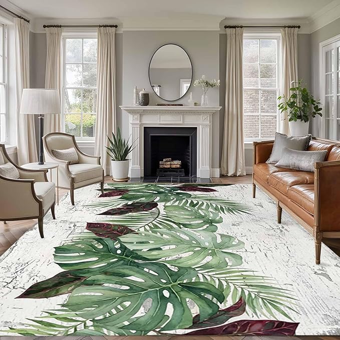 Area Rug 9x12ft, Summer Green Monstera Palm Leaves Washable Rugs for Living Room Bedroom Rectangle Floor Carpet, Vintage Botantical Soft Non-Slip Area Rugs for Dining Room