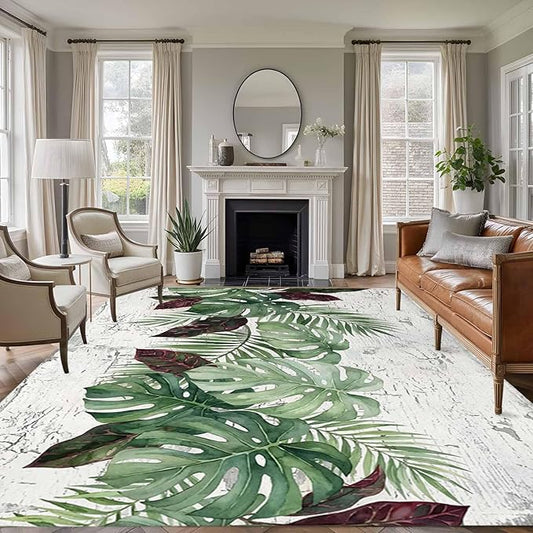 Area Rug 8x10ft, Summer Green Monstera Palm Leaves Washable Rugs for Living Room Bedroom, Vintage Botantical Soft Non-Slip Area Rugs Rectangle Floor Carpet for Dining Room