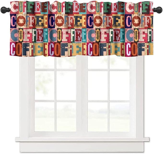 Retro Coffee Window Valance, Vintage Colorful Coffee Rustic Short Window Treatment for Cafe Kitchen Bedroom Living Room, 54x18Inch
