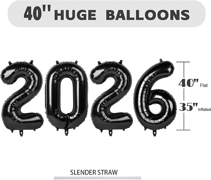 2026 Balloon Number for Happy New Years, Balloon Numbers 40 Inch, Black Balloons for Eve Party Decorations Baby Shower, Big Baloon for 20 26 Birthday Wedding Anniversaries