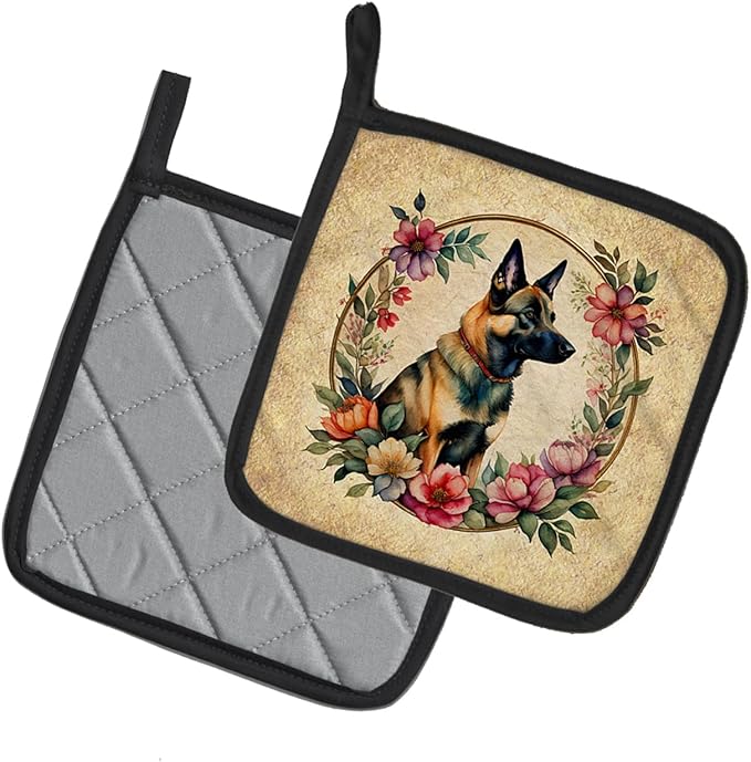 Caroline's Treasures Belgian Malinois and Flowers Pair of Pot Holders Kitchen Heat Resistant Pot Holders Sets Oven Hot Pads for Cooking Baking BBQ, 7 1/2 x 7 1/2
