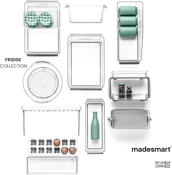 madesmart Premium Medium Fridge Bin, Organizer for Produce, Cheeses, Meats & Deli Items, Dry-Erase Label Area, Multi-Purpose Fridge Storage, Soft Grip Handles, Clear