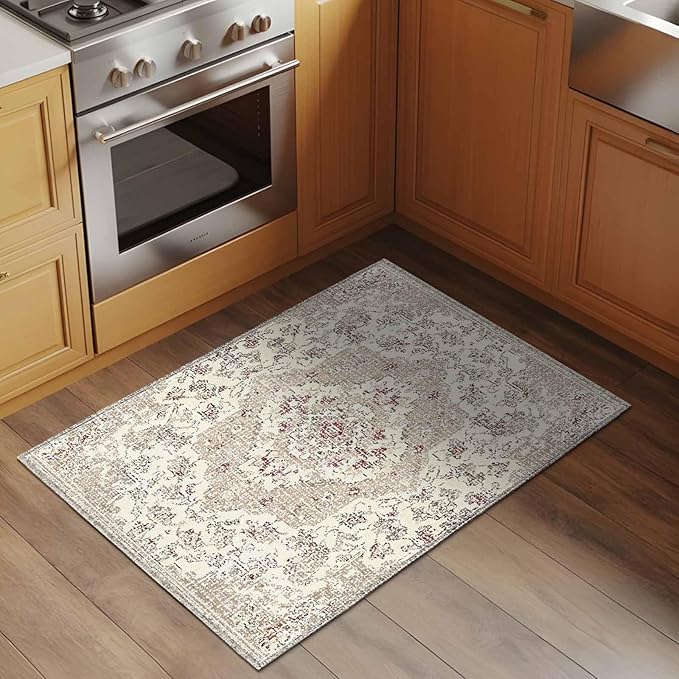 Beige Boho 2x3 Door Mat Rug, Vintage Ethnic Floral Non-Skid Rubber Backing Large Rectangle Rugs - Living Room Bedroom Home Office, Abstract Art Geometric Indoor Floor Mat Carpets Washable Rug