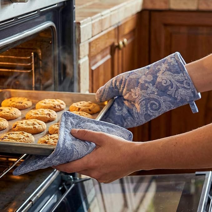Encasa XO Heat Resistant 100% Cotton Oven Glove & Potholder Set with Loop, Kitchen Cooking Mittens, Microwave Safe Hot Pads (Floral Blue)