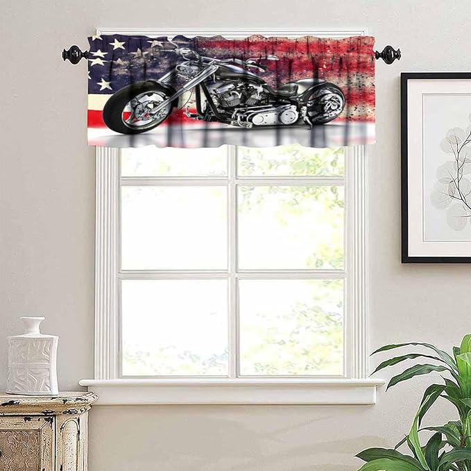 Motorcycle Valance Curtain Black Motorcycle American Flag Background Rod Pocket Valance Window Treatments Short Curtains for Kitchen Bathroom Farmhouse Living Room Decor 54x18inch