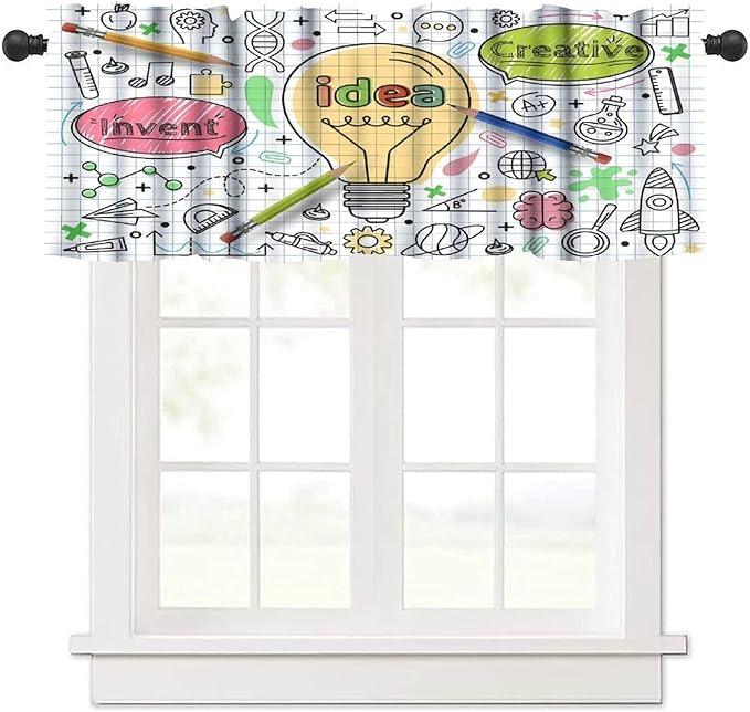Science Valance Curtain, School Study Creative Idea Innovation Education Short Window Treatment for Kitchen Bathroom Living Room School, 54x18Inch