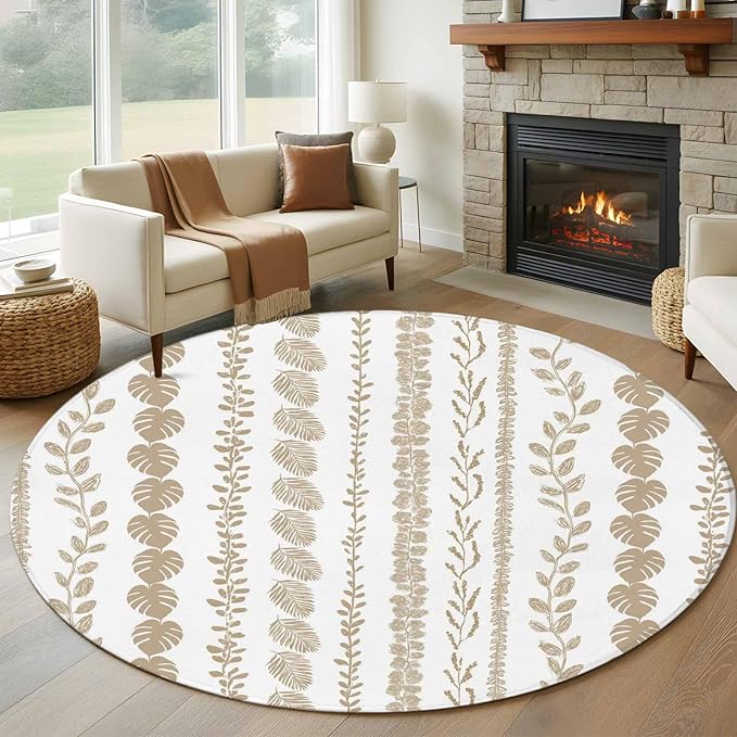 Washable Round Area Rug Farmhouse Monstera Leaf Seamless Circle Rugs Floor Carpet for Living Room Bedroom, Summer Rustic Abstract Leaves Soft Non Slip Round Rug 5ft
