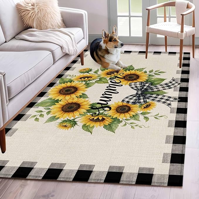 Area Rug 4x6ft, Summer Words Farm Sunflowers Washable Rugs for Living Room Bedroom, Butterflies Country Floral Soft Non-Slip Area Rugs Rectangle Floor Carpet for Dining Room