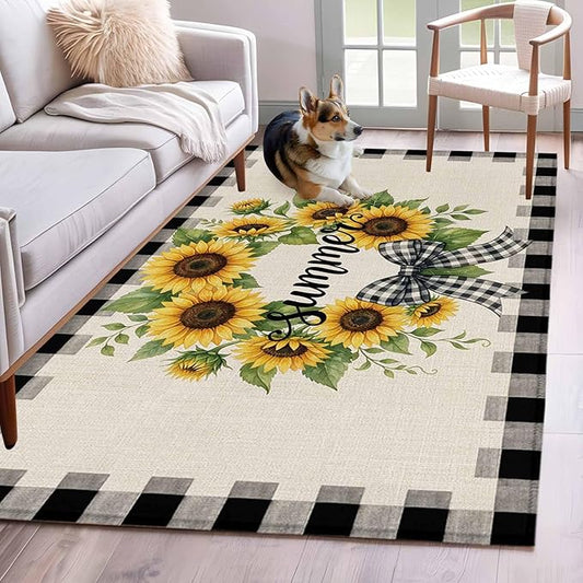 Area Rug 4x6ft, Summer Words Farm Sunflowers Washable Rugs for Living Room Bedroom, Butterflies Country Floral Soft Non-Slip Area Rugs Rectangle Floor Carpet for Dining Room