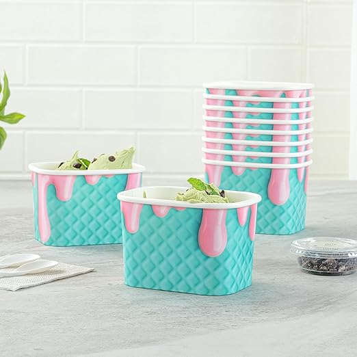 Restaurantware Paper Cups 200 Count 12 Ounce Square Disposable Ice Cream Containers, Leak-Resistant Paper Dessert To Go Cups, Hot And Cold Food, Durable Bubblegum Splash Design