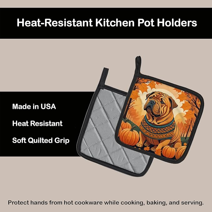 Caroline's Treasures DAC1070PTHD Shar Pei Fall Pair of Pot Holders Kitchen Heat Resistant Pot Holders Sets Oven Hot Pads for Cooking Baking BBQ, 7 1/2 x 7 1/2