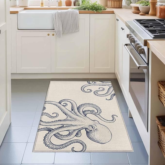 Area Rug 2x3ft, Marine Octopus Sea Monster Washable Rugs for Living Room Bedroom, Farmhouse Ocean Life on Linen Soft Non-Slip Area Rugs Rectangle Floor Carpet for Dining Room