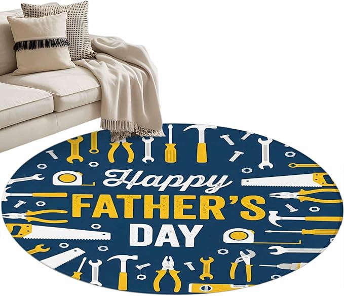 Father's Day Round Rug 4 ft Hand Tools Workshop Equipment Soft Area Rug for Living Room Washable Non-Slip Carpet Indoor Mat for Bedroom Dining Room Holiday Decor