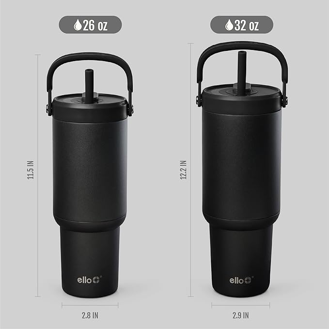 Ello Oasis Go+ 26oz Tumbler with Top Handle and Retracting Straw | Reusable Insulated Stainless Steel Cup, 100% Leakproof Water Bottle, 24 Hours Cold, Cup Holder Friendly For Travel | Black