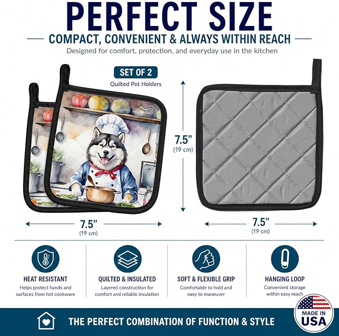 Caroline's Treasures Alaskan Malamute The Chef Pair of Pot Holders Kitchen Heat Resistant Pot Holders Sets Oven Hot Pads for Cooking Baking BBQ, 7 1/2 x 7 1/2