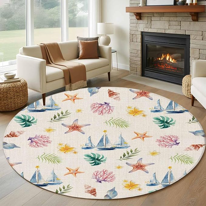 Washable Round Area Rug Summer Sea Starfish Sailboat Circle Rugs Floor Carpet for Living Room Bedroom, Marine Life Coral on Linen Soft Non Slip Round Rug 5ft