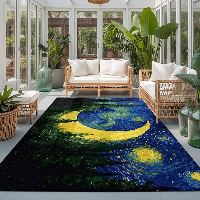 Area Rug 3x5ft, Giant Moon Forest Expressionist Art Washable Rugs for Living Room Bedroom, Dreamy Night Navy Blue Soft Non-Slip Area Rugs Rectangle Floor Carpet for Dining Room